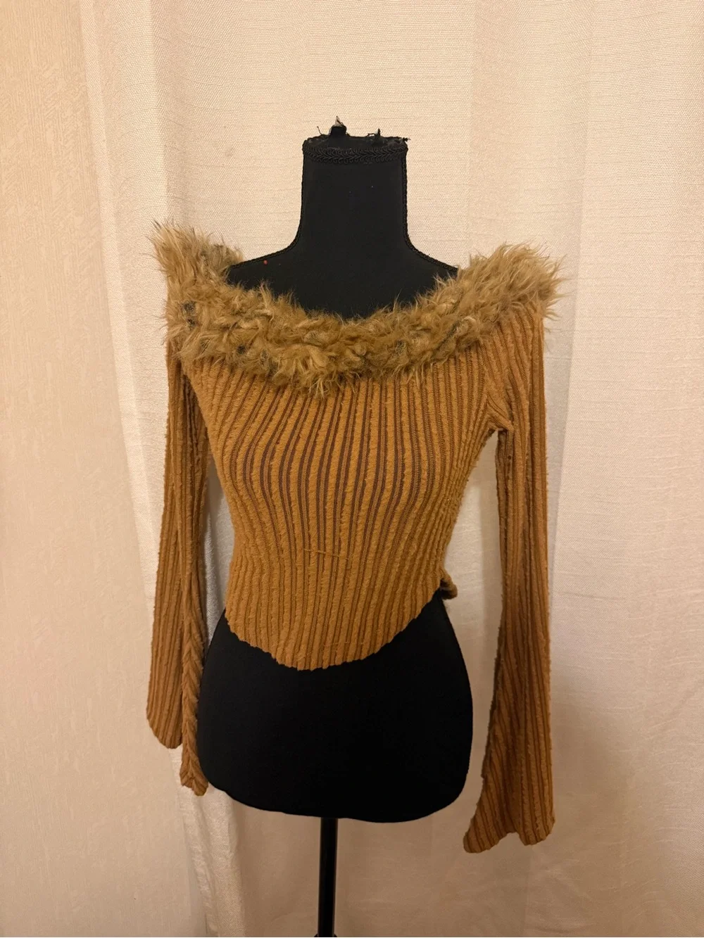 SHEIN Camel Ribbed Off-Shoulder Sweater with Faux Fur Trim
